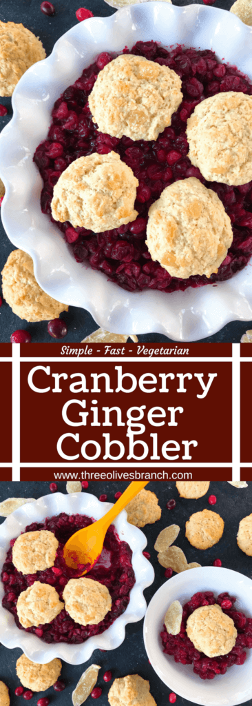 Holiday Cranberry Ginger Cobbler is a perfect quick and simple Christmas or Thanksgiving dessert ready in 30-45 minutes. A cranberry ginger filling is topped with light ginger cinnamon biscuits. A perfect holiday dessert. #christmasdessert #thanksgivingdessert #holidaydessert #cranberryrecipes