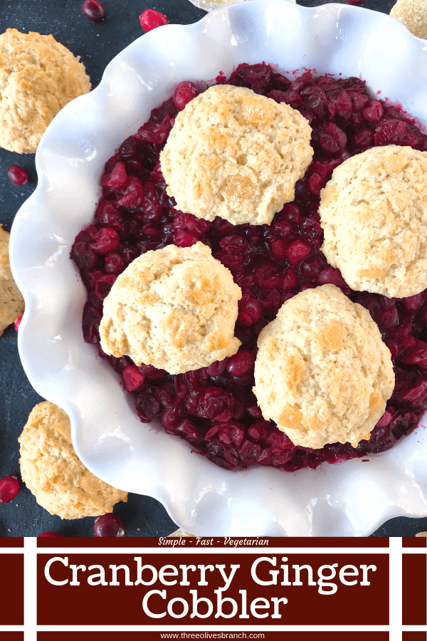 Holiday Cranberry Ginger Cobbler is a perfect quick and simple Christmas or Thanksgiving dessert ready in 30-45 minutes. A cranberry ginger filling is topped with light ginger cinnamon biscuits. A perfect holiday dessert. #christmasdessert #thanksgivingdessert #holidaydessert #cranberryrecipes