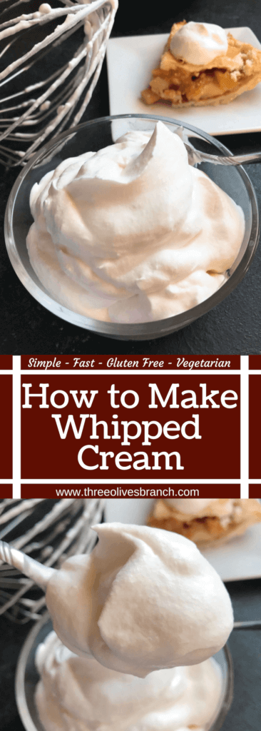 A fast and simple 5 minute whipped cream. Learn How To Make Whipped Cream with just three ingredients for your holiday desserts. #holidaydesserts #easydesserts #whippedcream #whipcream