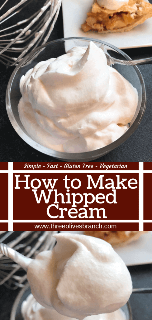 A fast and simple 5 minute whipped cream. Learn How To Make Whipped Cream with just three ingredients for your holiday desserts. #holidaydesserts #easydesserts #whippedcream #whipcream