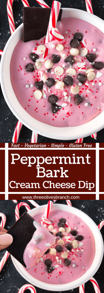 This fast and easy holiday dessert recipe only takes 5 minutes. Peppermint Bark Cream Cheese Dip is a great Christmas dessert made of cream cheese, crushed candy canes, milk and white chocolate, and peppermint. Vegetarian and gluten free. #christmasdessert #christmasrecipe #peppermint
