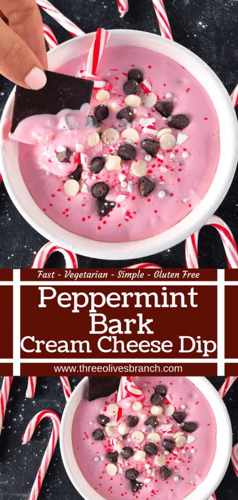 This fast and easy holiday dessert recipe only takes 5 minutes. Peppermint Bark Cream Cheese Dip is a great Christmas dessert made of cream cheese, crushed candy canes, milk and white chocolate, and peppermint. Vegetarian and gluten free. #christmasdessert #christmasrecipe #peppermint