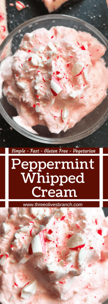 A fast and simple 5 minute whipped cream. Peppermint Whipped Cream is made with just three ingredients for your holiday desserts. #holidaydesserts #easydesserts #whippedcream #whipcream #peppermint