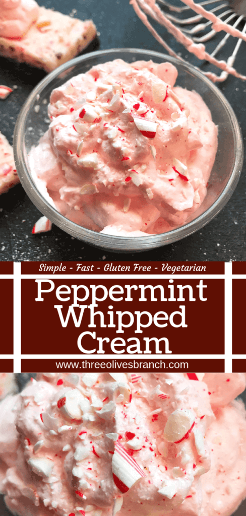 A fast and simple 5 minute whipped cream. Peppermint Whipped Cream is made with just three ingredients for your holiday desserts. #holidaydesserts #easydesserts #whippedcream #whipcream #peppermint