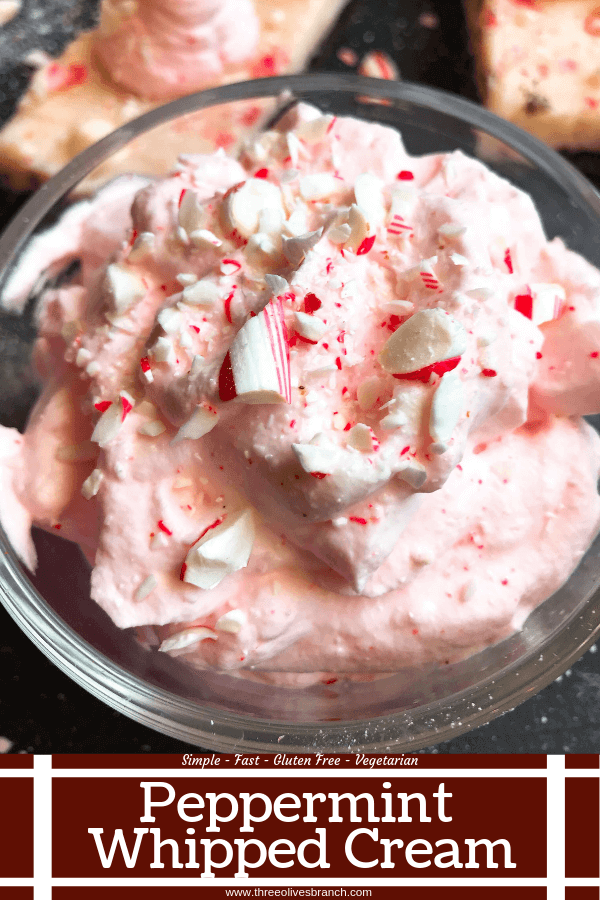 A fast and simple 5 minute whipped cream. Peppermint Whipped Cream is made with just three ingredients for your holiday desserts. #holidaydesserts #easydesserts #whippedcream #whipcream #peppermint