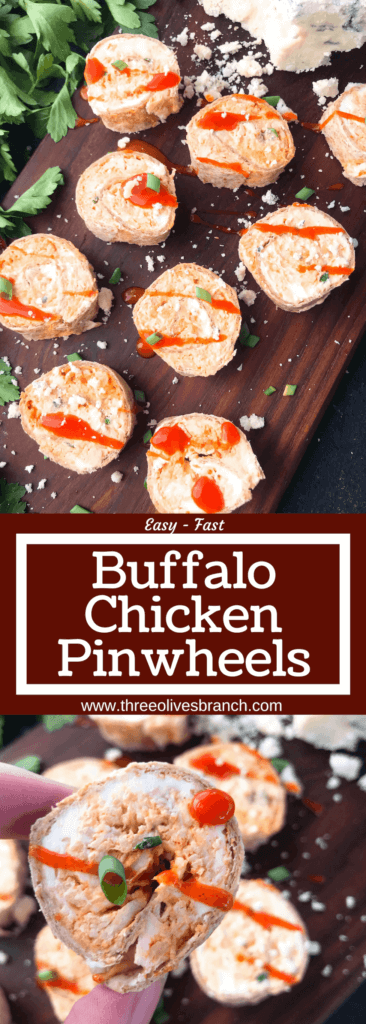 Classic buffalo chicken wing flavors in a finger food appetizer. Buffalo Chicken Pinwheel Roll Ups filled with cream cheese, blue cheese, shredded chicken, and buffalo wing sauce rolled up in a tortilla. Simple, fast, and easy game day tailgating recipe. #gamedayrecipes #buffalowing #buffalochicken