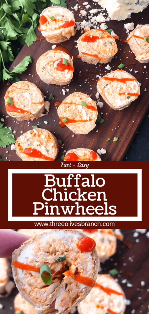 Classic buffalo chicken wing flavors in a finger food appetizer. Buffalo Chicken Pinwheel Roll Ups filled with cream cheese, blue cheese, shredded chicken, and buffalo wing sauce rolled up in a tortilla. Simple, fast, and easy game day tailgating recipe. #gamedayrecipes #buffalowing #buffalochicken