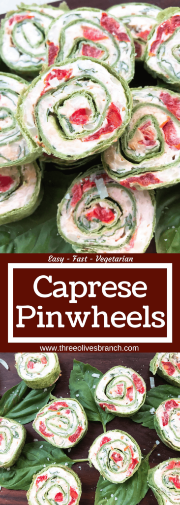 Fast and simple appetizer recipe. Caprese Pinwheel Roll Ups are filled with cream cheese, tomatoes, fresh basil, mozzarella, and Parmesan rolled up in tortillas and sliced into party finger food bites. Vegetarian. #caprese #appetizerrecipes #vegetarianrecipes