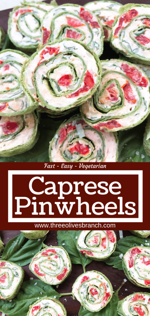 Fast and simple appetizer recipe. Caprese Pinwheel Roll Ups are filled with cream cheese, tomatoes, fresh basil, mozzarella, and Parmesan rolled up in tortillas and sliced into party finger food bites. Vegetarian. #caprese #appetizerrecipes #vegetarianrecipes