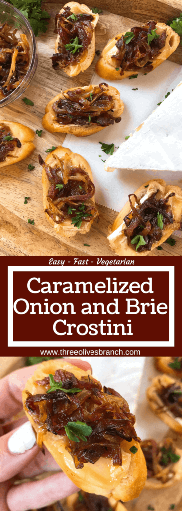 Caramelized Onion and Brie Crostini recipe. Fast and easy appetizer recipe. Vegetarian finger food for holiday entertaining. Brie cheese and onion on a toasted bread slice. #appetizerrecipes #vegetarianrecipes 