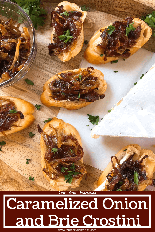 Caramelized Onion and Brie Crostini recipe. Fast and easy appetizer recipe. Vegetarian finger food for holiday entertaining. Brie cheese and onion on a toasted bread slice. #appetizerrecipes #vegetarianrecipes 