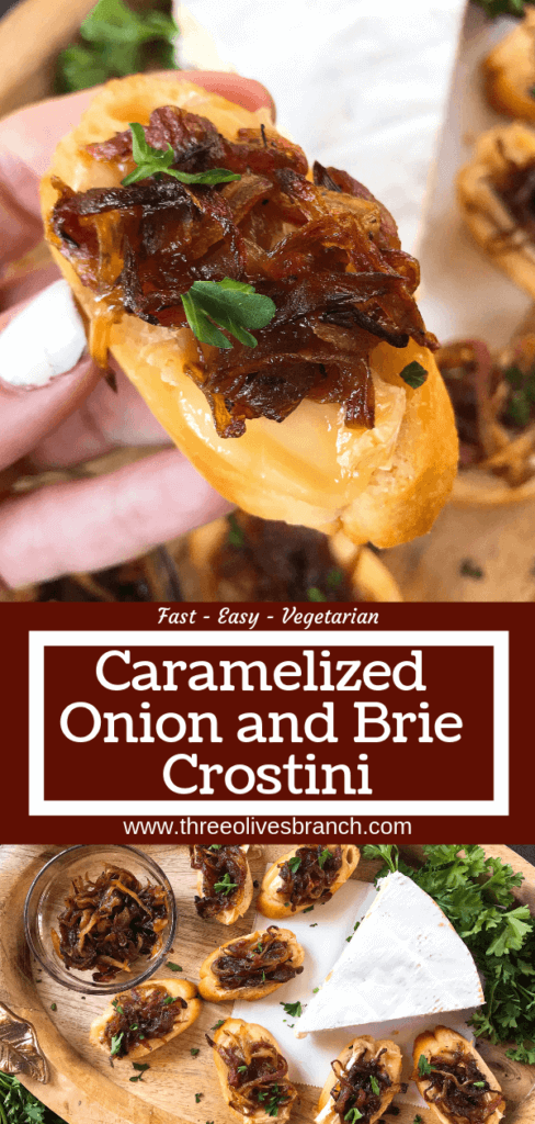 Caramelized Onion and Brie Crostini recipe. Fast and easy appetizer recipe. Vegetarian finger food for holiday entertaining. Brie cheese and onion on a toasted bread slice. #appetizerrecipes #vegetarianrecipes 