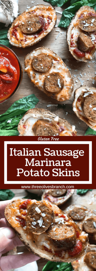 A simple and easy game day appetizer recipe. Italian Sausage Marinara Potato Skins are stuffed with marinara sauce, mozzarella, Parmesan cheese, and Italian sausage links. Delicious comfort food for parties and entertaining. Gluten free. #superbowlrecipes #gamedayrecipes #sausagerecipes #appetizers #glutenfreerecipes