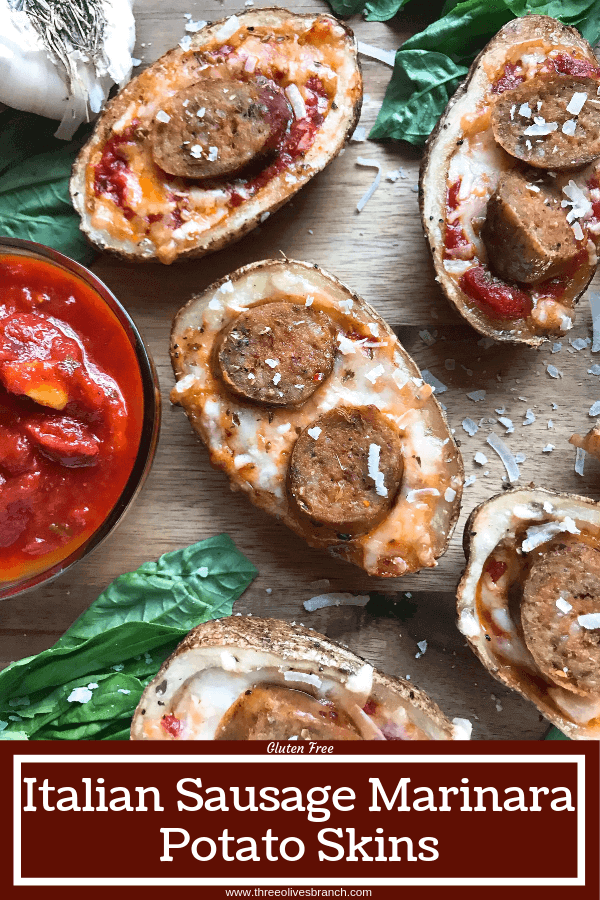 A simple and easy game day appetizer recipe. Italian Sausage Marinara Potato Skins are stuffed with marinara sauce, mozzarella, Parmesan cheese, and Italian sausage links. Delicious comfort food for parties and entertaining. Gluten free. #superbowlrecipes #gamedayrecipes #sausagerecipes #appetizers #glutenfreerecipes