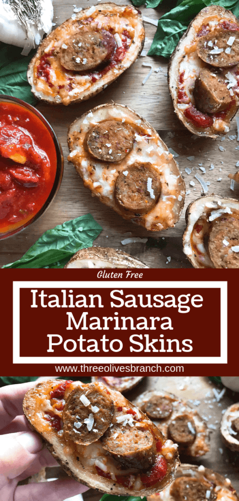 A simple and easy game day appetizer recipe. Italian Sausage Marinara Potato Skins are stuffed with marinara sauce, mozzarella, Parmesan cheese, and Italian sausage links. Delicious comfort food for parties and entertaining. Gluten free. #superbowlrecipes #gamedayrecipes #sausagerecipes #appetizers #glutenfreerecipes