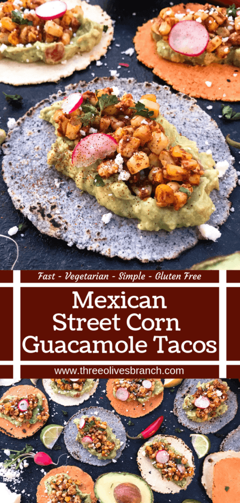 Ready in 15 minutes, these Mexican Street Corn Guacamole Tacos are a fast and simple dinner recipe. Fresh guacamole and corn salsa are layered for a healthy Mexican recipe and quick dinner. Vegetarian and gluten free. Vegan friendly. #healthyrecipes #healthyvegetarian #tacorecipes #vegetarianrecipes #glutenfreerecipes