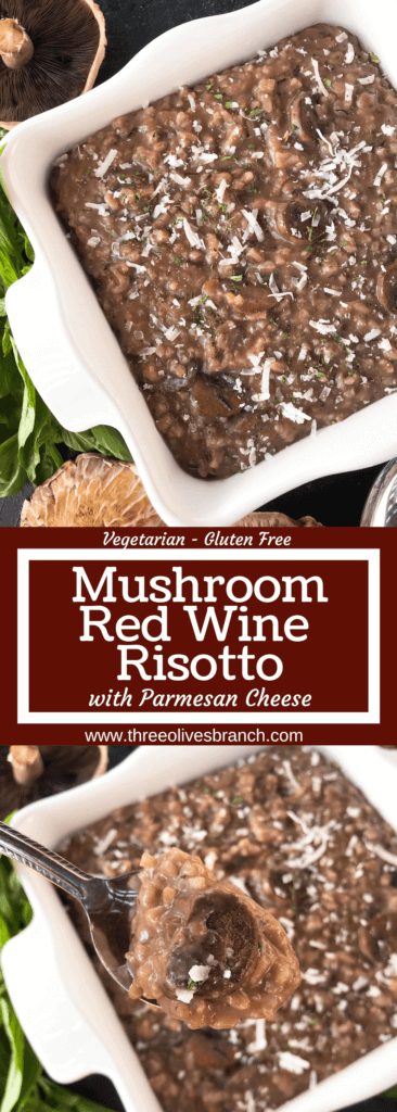 An Italian comfort food recipe. Mushroom Red Wine Risotto with Parmesan Cheese is vegetarian and gluten free (gf) but also great with chicken, steak, or sausage. Arborio rice, red wine, mushroom, Parmesan, and rosemary. #italianrecipes #risotto #comfortfood