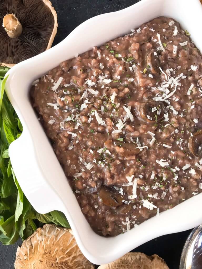 An Italian comfort food recipe. Mushroom Red Wine Risotto with Parmesan Cheese is vegetarian and gluten free (gf) but also great with chicken, steak, or sausage. Arborio rice, red wine, mushroom, Parmesan, and rosemary. #italianrecipes #risotto #comfortfood