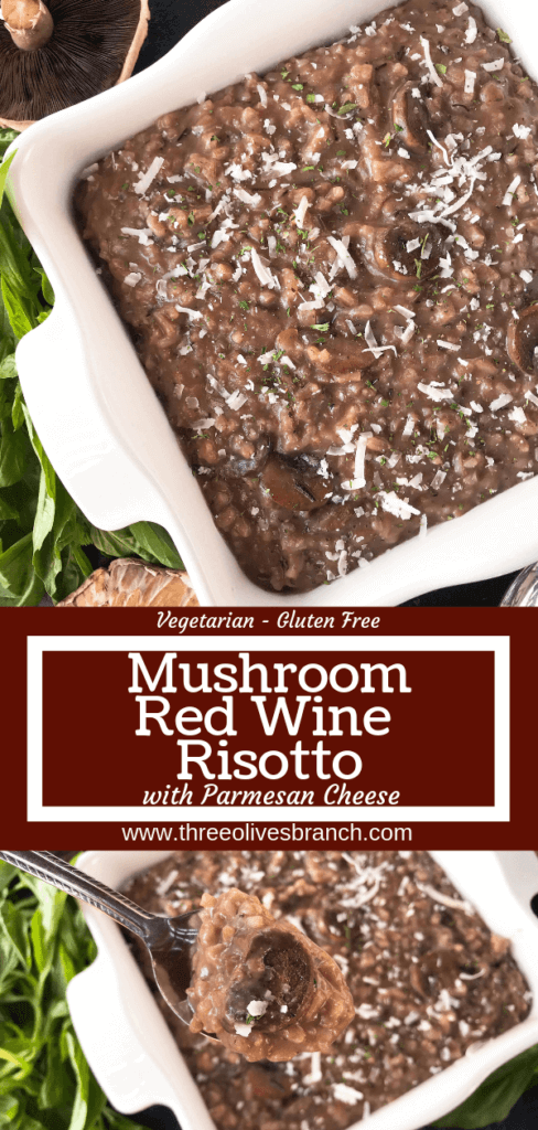 An Italian comfort food recipe. Mushroom Red Wine Risotto with Parmesan Cheese is vegetarian and gluten free (gf) but also great with chicken, steak, or sausage. Arborio rice, red wine, mushroom, Parmesan, and rosemary. #italianrecipes #risotto #comfortfood