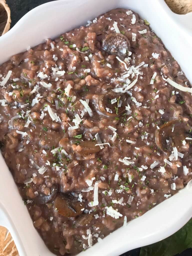 An Italian comfort food recipe. Mushroom Red Wine Risotto with Parmesan Cheese is vegetarian and gluten free (gf) but also great with chicken, steak, or sausage. Arborio rice, red wine, mushroom, Parmesan, and rosemary. #italianrecipes #risotto #comfortfood