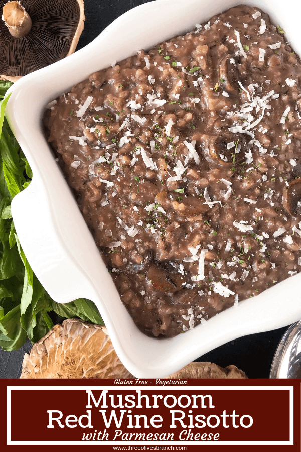 An Italian comfort food recipe. Mushroom Red Wine Risotto with Parmesan Cheese is vegetarian and gluten free (gf) but also great with chicken, steak, or sausage. Arborio rice, red wine, mushroom, Parmesan, and rosemary. #italianrecipes #risotto #comfortfood