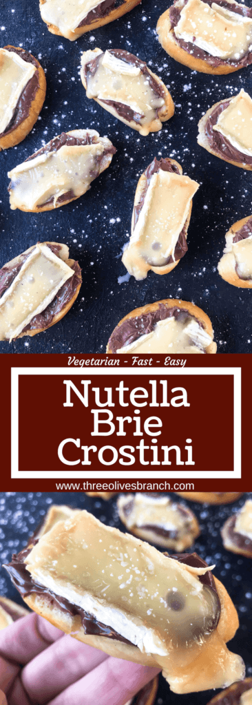 A quick and simple party appetizer recipe ready in less than 30 minutes. Brie cheese and chocolate hazelnut spread with salt on toasted bread slices. Nutella and Brie Crostini are vegetarian finger food with a sweet and salty, savory flavor. 