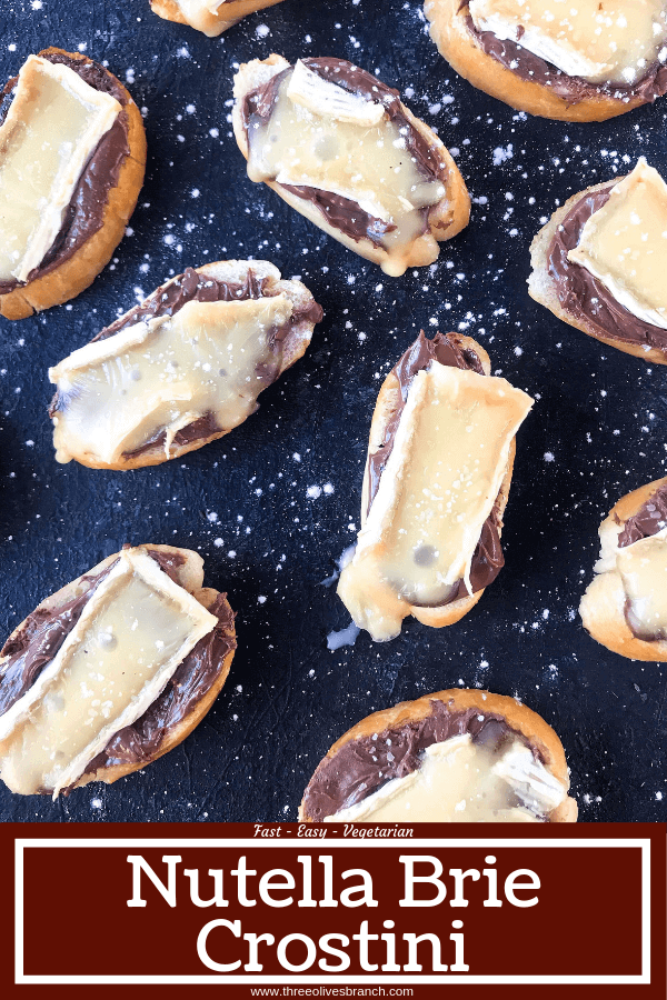 A quick and simple party appetizer recipe ready in less than 30 minutes. Brie cheese and chocolate hazelnut spread with salt on toasted bread slices. Nutella and Brie Crostini are vegetarian finger food with a sweet and salty, savory flavor. 