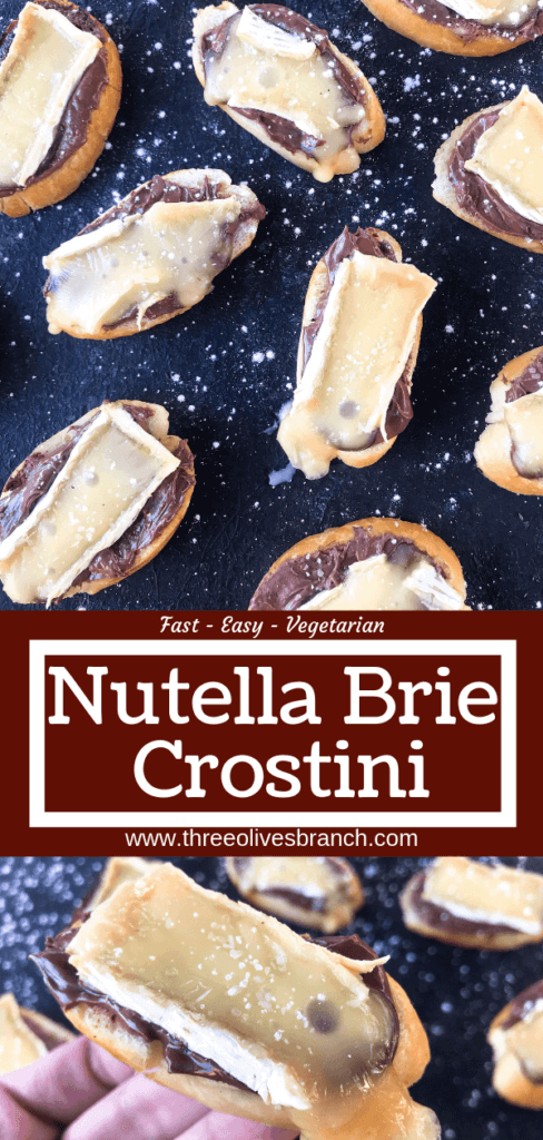 A quick and simple party appetizer recipe ready in less than 30 minutes. Brie cheese and chocolate hazelnut spread with salt on toasted bread slices. Nutella and Brie Crostini are vegetarian finger food with a sweet and salty, savory flavor. 