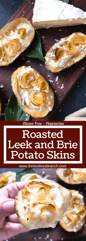 A simple snack recipe for game day and entertaining. Roasted Leek and Brie Potato Skins are vegetarian and gluten free. Creamy cheese and roasted leeks in a potato skin shell. Fun party finger food. #appetizerrecipes #glutenfreerecipes #vegetarianrecipes