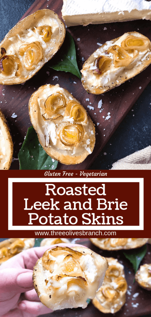 A simple snack recipe for game day and entertaining. Roasted Leek and Brie Potato Skins are vegetarian and gluten free. Creamy cheese and roasted leeks in a potato skin shell. Fun party finger food. #appetizerrecipes #glutenfreerecipes #vegetarianrecipes