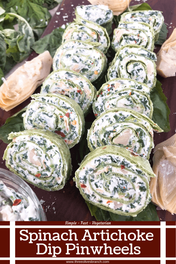 Pin image of Spinach Artichoke Dip Pinwheels in rows with title at bottom