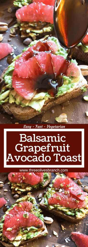 A quick and simple vegan breakfast or brunch recipe ready in just a few minutes. Balsamic Grapefruit Avocado Toast sprinkled with chopped pistachios. #avocadotoast #breakfastrecipes #veganbreakfast