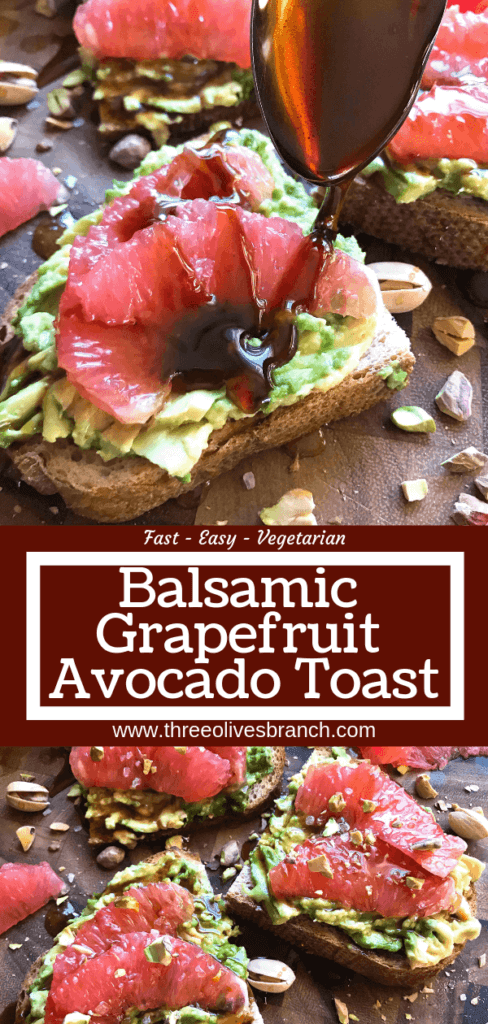 A quick and simple vegan breakfast or brunch recipe ready in just a few minutes. Balsamic Grapefruit Avocado Toast sprinkled with chopped pistachios. #avocadotoast #breakfastrecipes #veganbreakfast