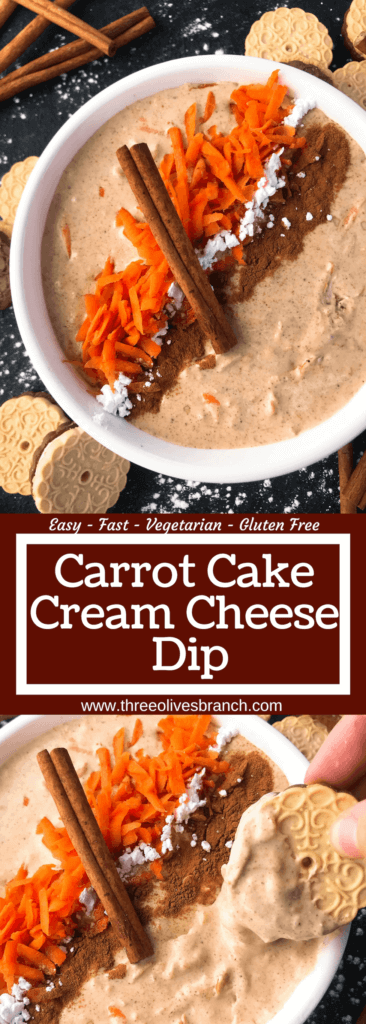 Simple and easy Carrot Cake Cream Cheese Dip recipe ready in 5 minutes. Fast spring or Easter dessert that is vegetarian and gluten free. #easterrecipes #easterdessert #carrotcake