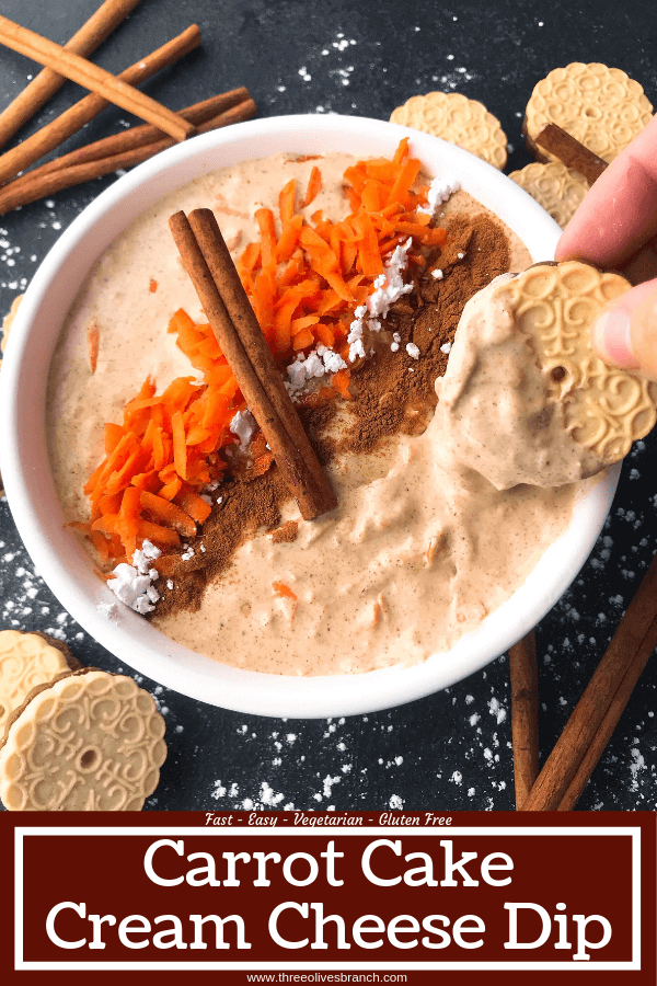 Simple and easy Carrot Cake Cream Cheese Dip recipe ready in 5 minutes. Fast spring or Easter dessert that is vegetarian and gluten free. #easterrecipes #easterdessert #carrotcake