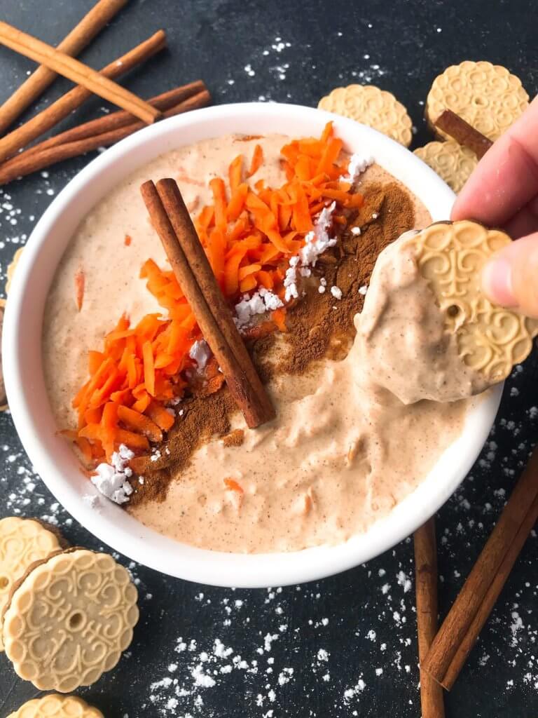 Simple and easy Carrot Cake Cream Cheese Dip recipe ready in 5 minutes. Fast spring or Easter dessert that is vegetarian and gluten free. #easterrecipes #easterdessert #carrotcake