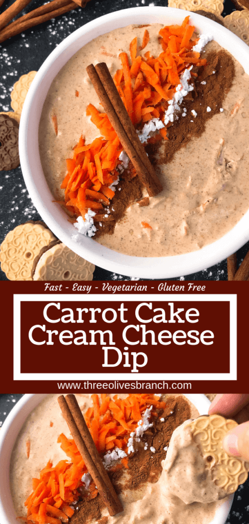 Simple and easy Carrot Cake Cream Cheese Dip recipe ready in 5 minutes. Fast spring or Easter dessert that is vegetarian and gluten free. #easterrecipes #easterdessert #carrotcake