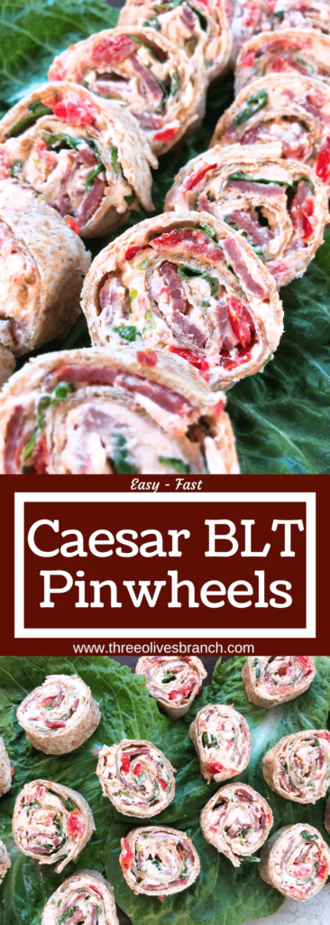 Quick and easy party appetizer. Caesar BLT Pinwheel Roll Ups are bacon, lettuce, tomato, Caesar, and cream cheese rolled up in tortillas. Entertaining finger food recipe. #appetizerrecipes #blt #partyfood