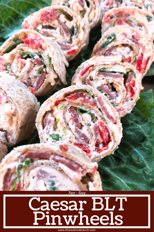 Quick and easy party appetizer. Caesar BLT Pinwheel Roll Ups are bacon, lettuce, tomato, Caesar, and cream cheese rolled up in tortillas. Entertaining finger food recipe. #appetizerrecipes #blt #partyfood