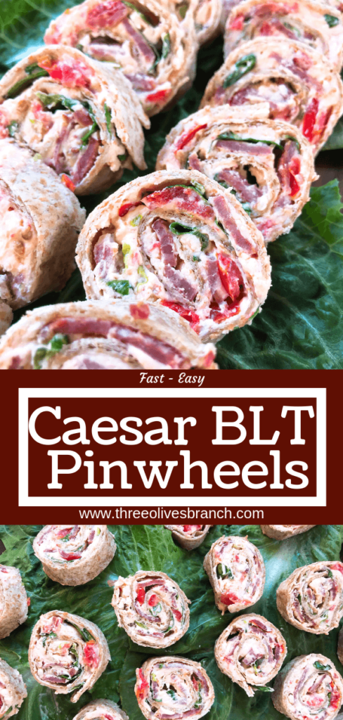 Quick and easy party appetizer. Caesar BLT Pinwheel Roll Ups are bacon, lettuce, tomato, Caesar, and cream cheese rolled up in tortillas. Entertaining finger food recipe. #appetizerrecipes #blt #partyfood