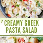 Long pin of Creamy Greek Tzatziki Pasta Salad with title