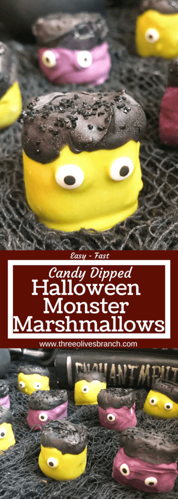 Simple and easy Halloween treat dessert recipe. Halloween Candy Dipped Monster Marshmallows are large marshmallows dunked in colored candy melts with sprinkles and candy eyes for your Halloween party. #halloweenfood #halloweenrecipes #halloweenparty #monsterparty