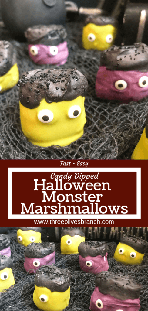 Simple and easy Halloween treat dessert recipe. Halloween Candy Dipped Monster Marshmallows are large marshmallows dunked in colored candy melts with sprinkles and candy eyes for your Halloween party. #halloweenfood #halloweenrecipes #halloweenparty #monsterparty