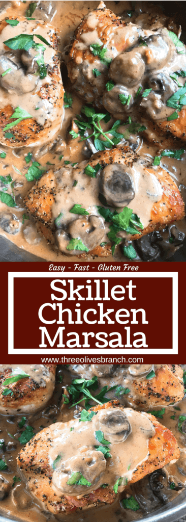 Skillet Chicken Marsala is a one pot meal ready in just 30 minutes. A quick and simple dinner recipe great with potatoes, pasta, rice, and vegetables. Chicken breasts cooked with Marsala wine sauce and mushrooms. Gluten free. #chickenrecipes #chickendinner #chickenmarsala #30minutemeals