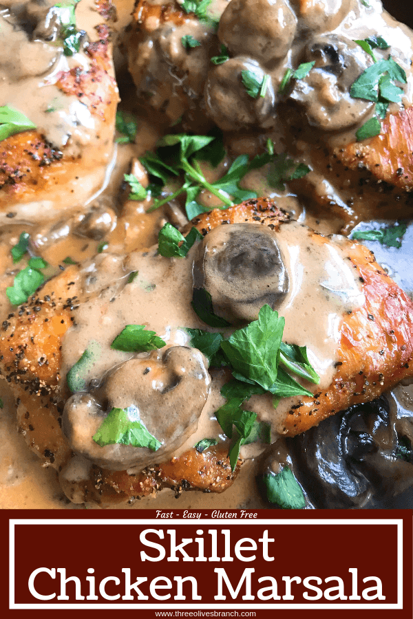 Skillet Chicken Marsala is a one pot meal ready in just 30 minutes. A quick and simple dinner recipe great with potatoes, pasta, rice, and vegetables. Chicken breasts cooked with Marsala wine sauce and mushrooms. Gluten free. #chickenrecipes #chickendinner #chickenmarsala #30minutemeals