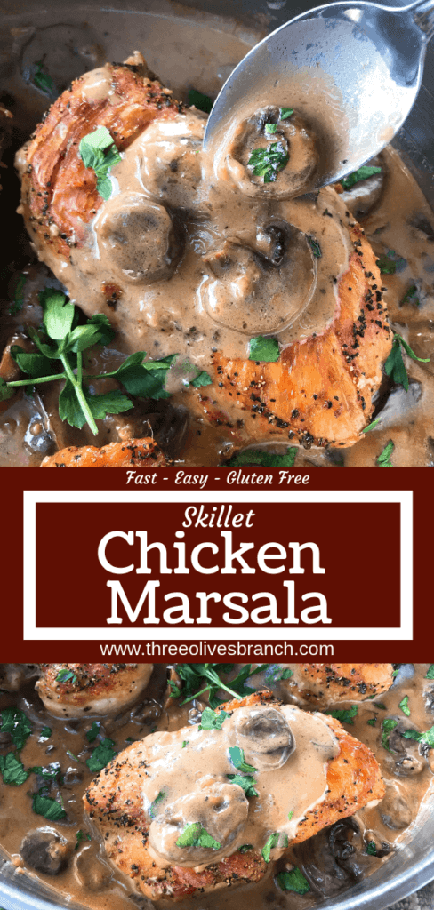 Skillet Chicken Marsala is a one pot meal ready in just 30 minutes. A quick and simple dinner recipe great with potatoes, pasta, rice, and vegetables. Chicken breasts cooked with Marsala wine sauce and mushrooms. Gluten free. #chickenrecipes #chickendinner #chickenmarsala #30minutemeals