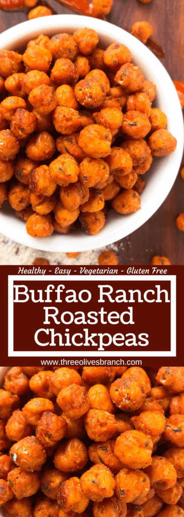 Simple, healthy, and easy game day snack recipe. Buffalo Ranch Roasted Chickpeas are crunchy garbanzo beans covered in buffalo wing sauce and ranch mix. Gluten free and vegetarian. #gamedayrecipes #buffaloranch #roastedchickpeas