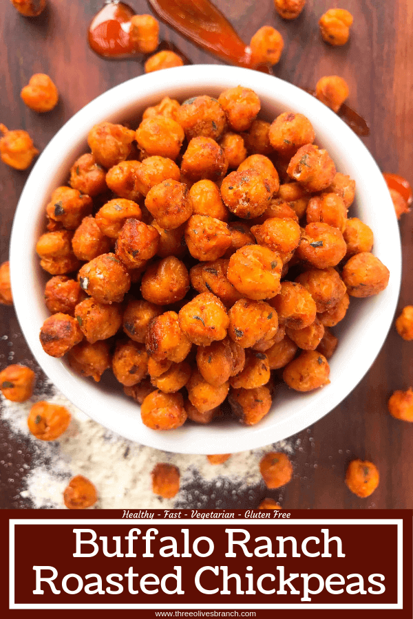 Simple, healthy, and easy game day snack recipe. Buffalo Ranch Roasted Chickpeas are crunchy garbanzo beans covered in buffalo wing sauce and ranch mix. Gluten free and vegetarian. #gamedayrecipes #buffaloranch #roastedchickpeas