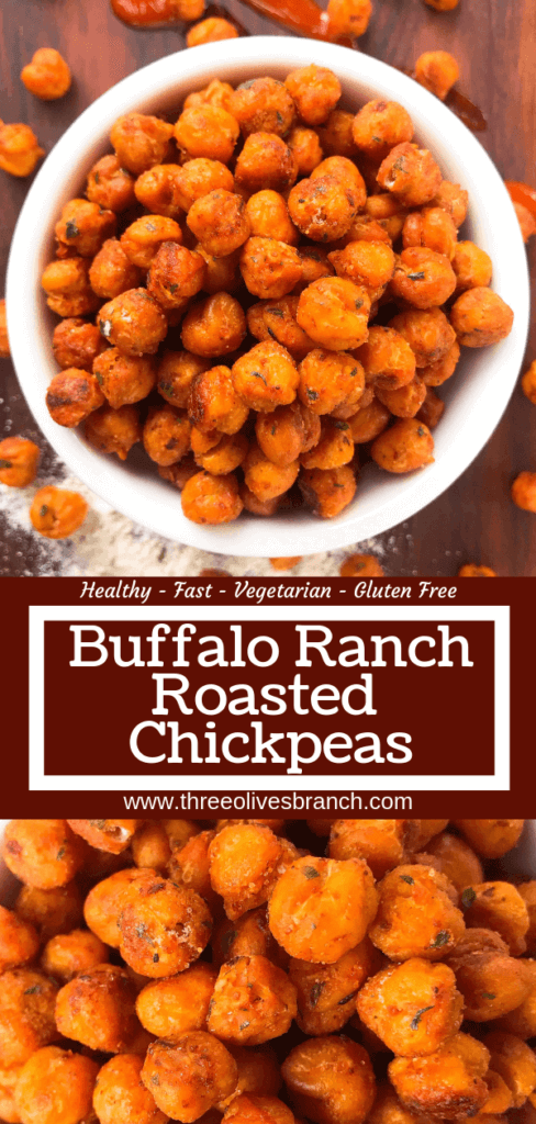 Simple, healthy, and easy game day snack recipe. Buffalo Ranch Roasted Chickpeas are crunchy garbanzo beans covered in buffalo wing sauce and ranch mix. Gluten free and vegetarian. #gamedayrecipes #buffaloranch #roastedchickpeas