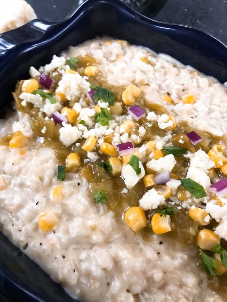 Mexican Italian fusion recipe. Cheesy Green Chile Risotto featuring Hatch chile peppers and three cheeses. Vegetarian and gluten free. #risotto #greenchile #italianrecipes #comfortfood